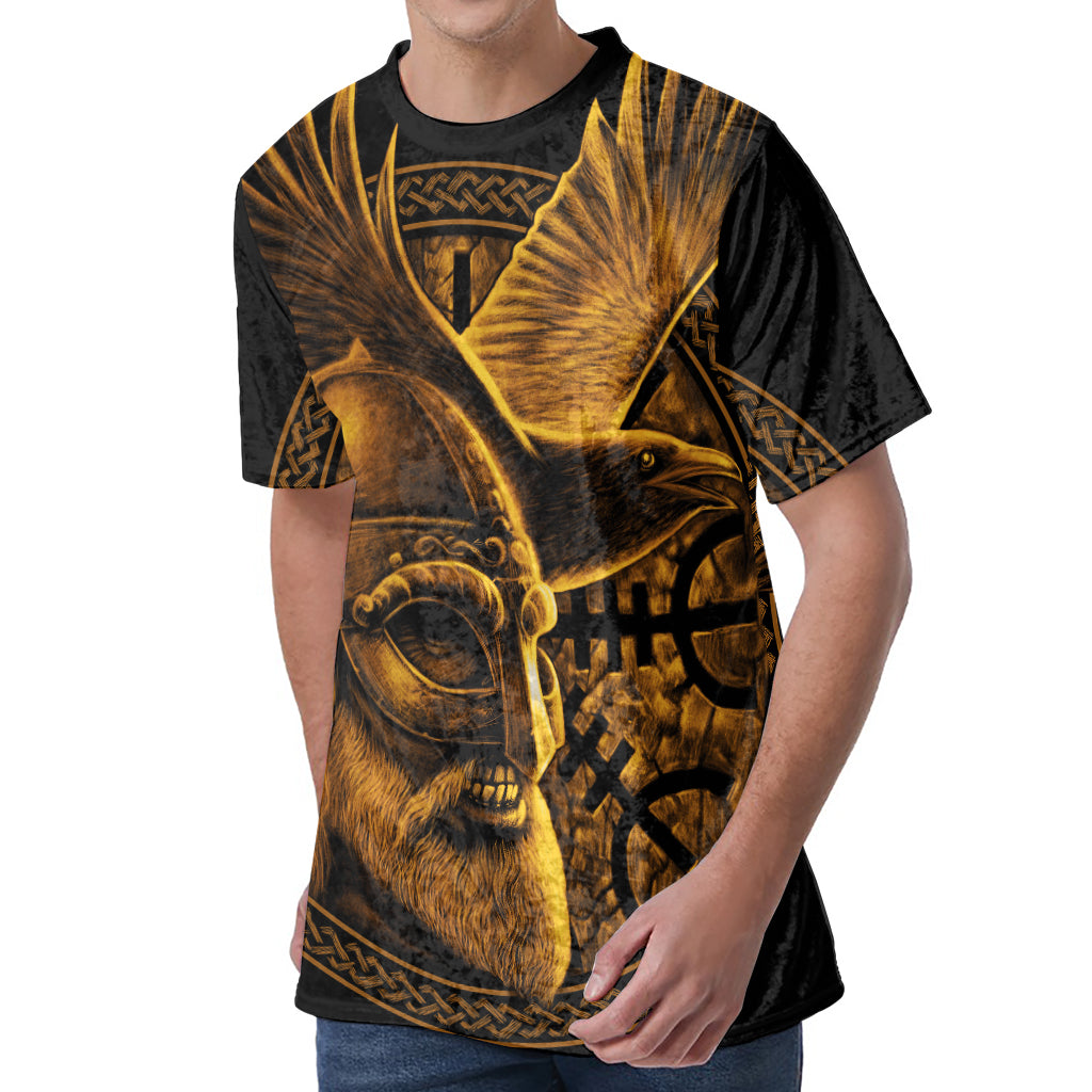 Gold Viking God Odin And Crow Print Men's Velvet T-Shirt