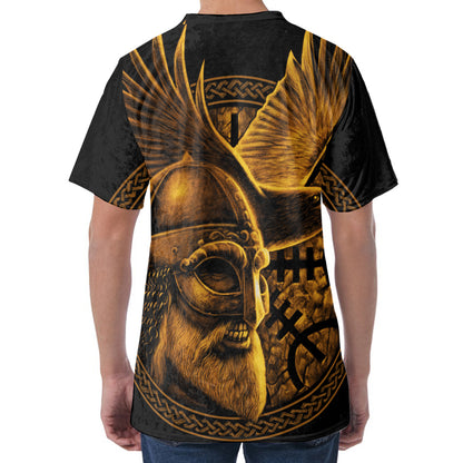 Gold Viking God Odin And Crow Print Men's Velvet T-Shirt