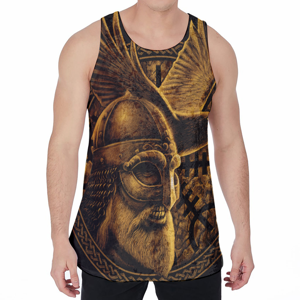 Gold Viking God Odin And Crow Print Men's Velvet Tank Top