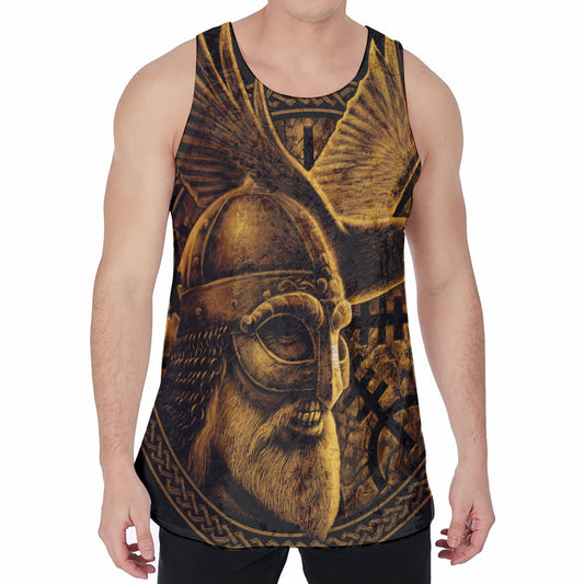 Gold Viking God Odin And Crow Print Men's Velvet Tank Top