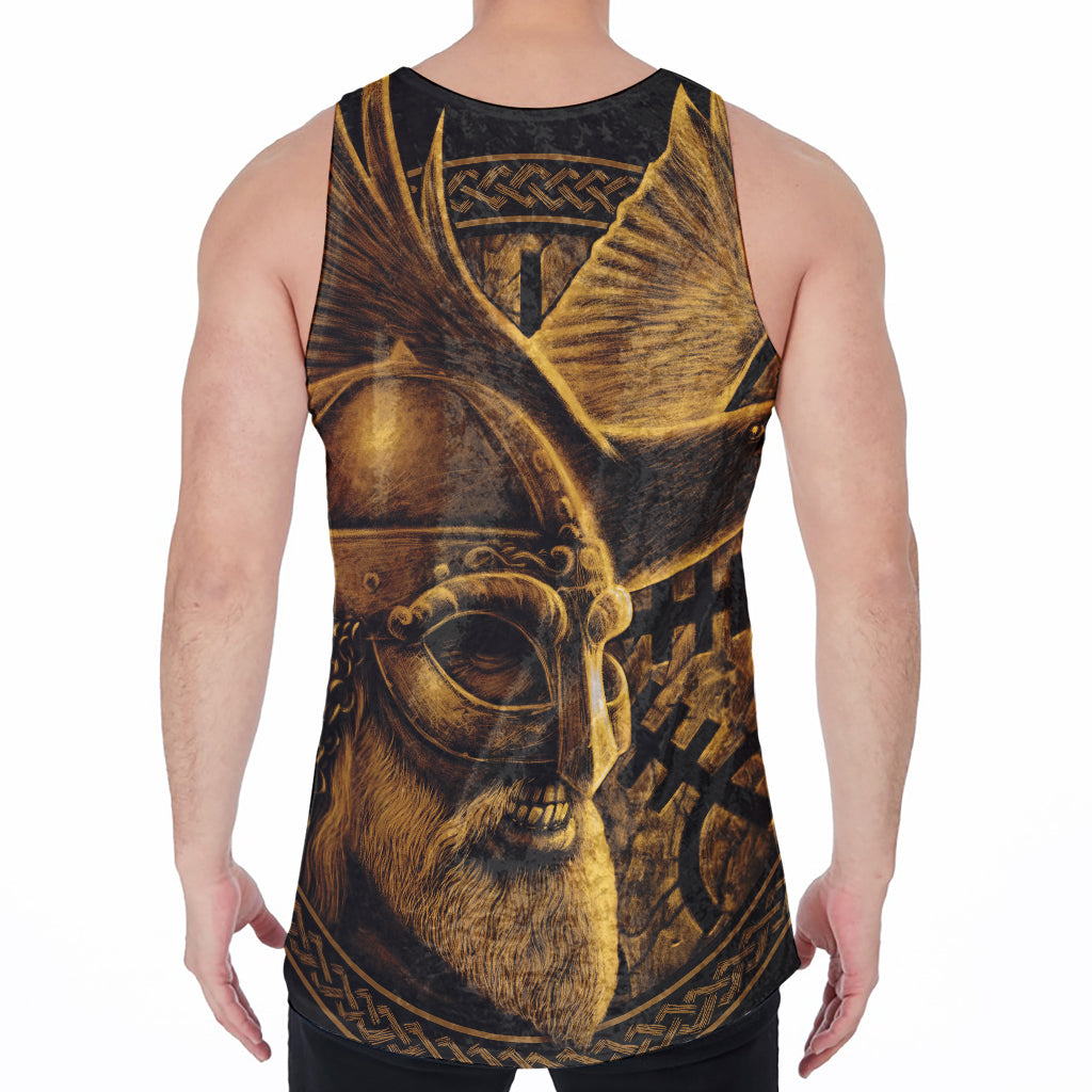 Gold Viking God Odin And Crow Print Men's Velvet Tank Top