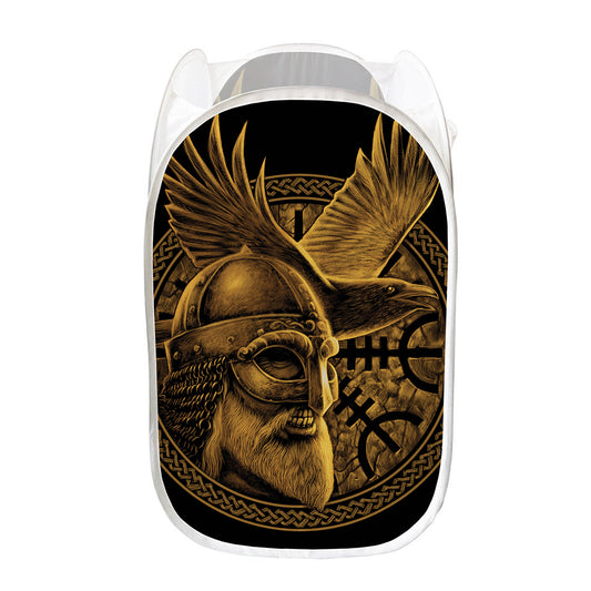 Gold Viking God Odin And Crow Print Mesh Laundry Hamper