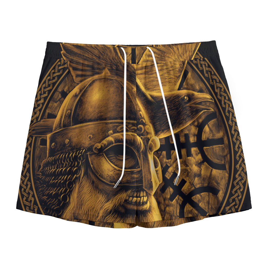 Gold Viking God Odin And Crow Print Mesh Shorts
