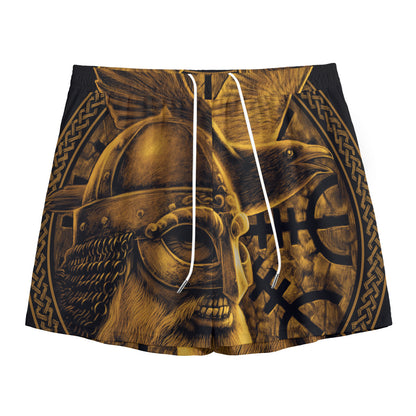 Gold Viking God Odin And Crow Print Mesh Shorts