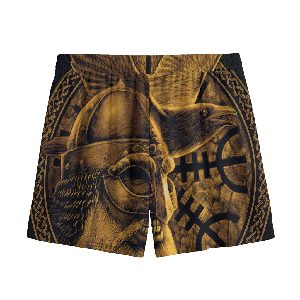 Gold Viking God Odin And Crow Print Mesh Shorts