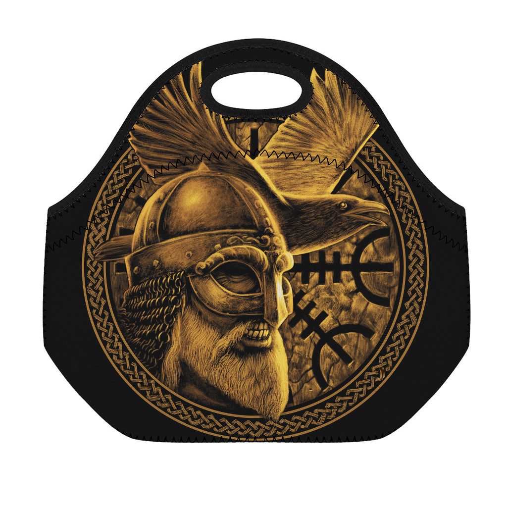Gold Viking God Odin And Crow Print Neoprene Lunch Bag