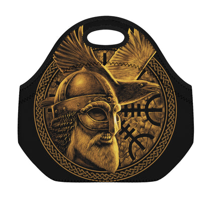 Gold Viking God Odin And Crow Print Neoprene Lunch Bag