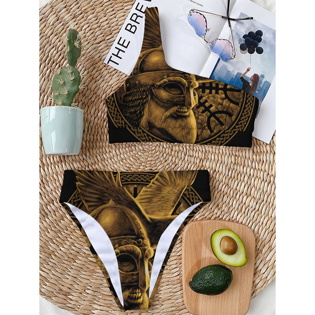 Gold Viking God Odin And Crow Print One Shoulder Bikini Top