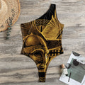 Gold Viking God Odin And Crow Print One Shoulder Bodysuit