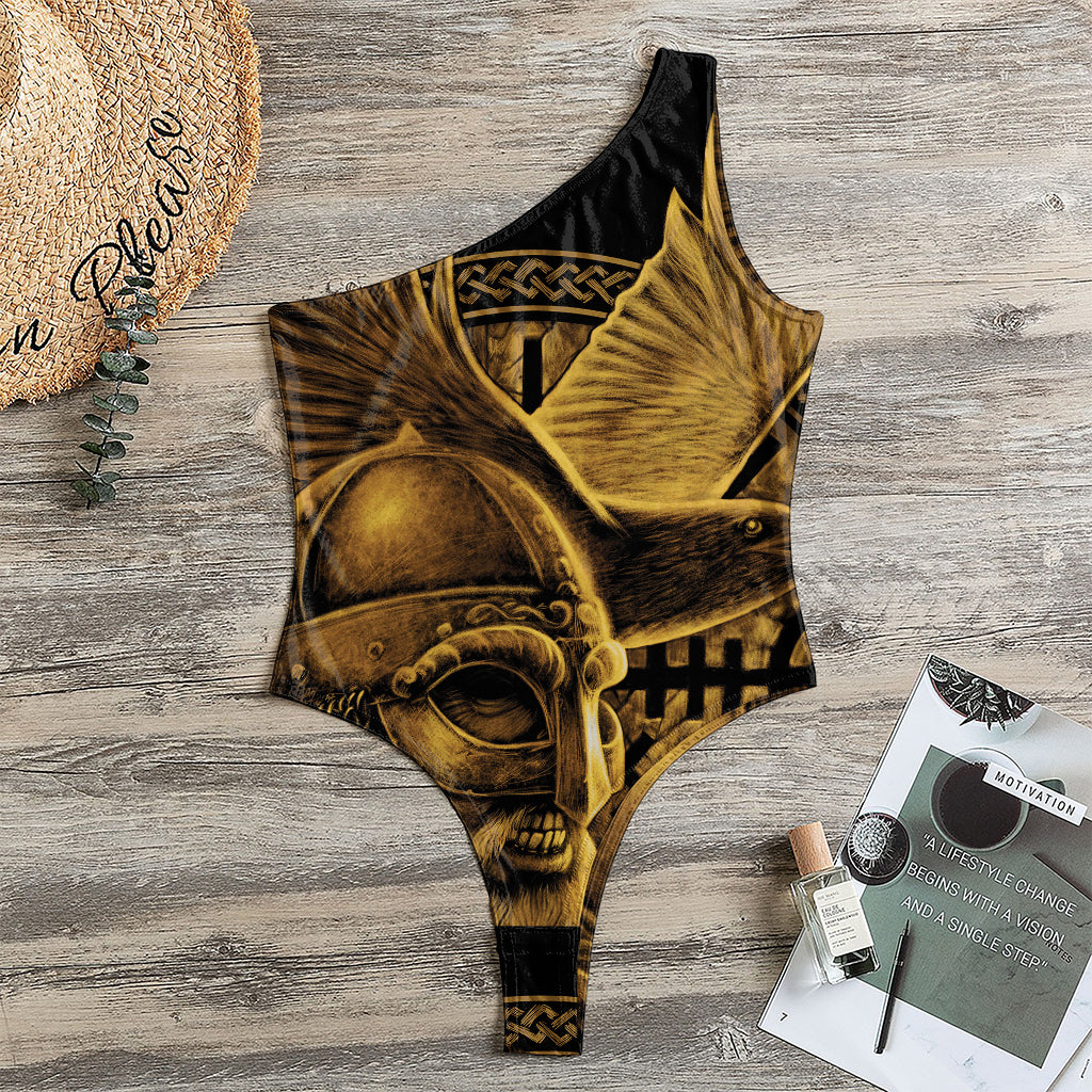 Gold Viking God Odin And Crow Print One Shoulder Bodysuit