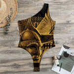 Gold Viking God Odin And Crow Print One Shoulder Bodysuit