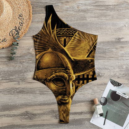 Gold Viking God Odin And Crow Print One Shoulder Bodysuit