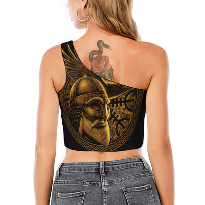 Gold Viking God Odin And Crow Print One Shoulder Crop Top