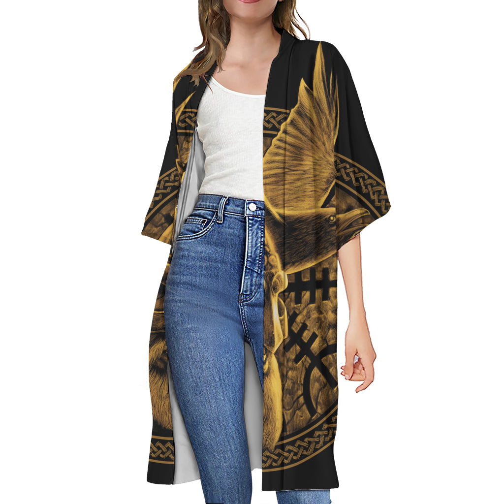 Gold Viking God Odin And Crow Print Open Front Beach Cover Up