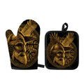 Gold Viking God Odin And Crow Print Oven Mitt And Pot Holder Set