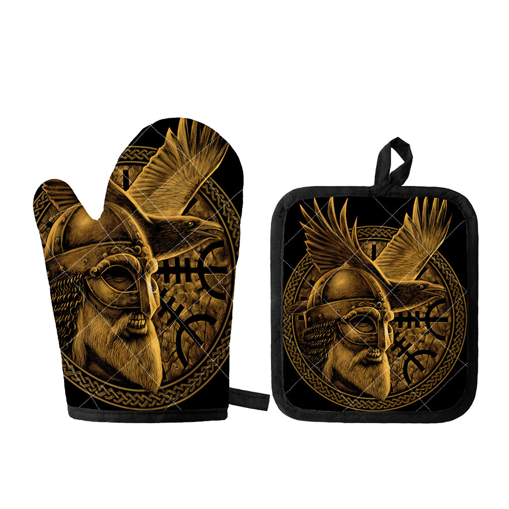 Gold Viking God Odin And Crow Print Oven Mitt And Pot Holder Set
