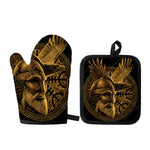 Gold Viking God Odin And Crow Print Oven Mitt And Pot Holder Set