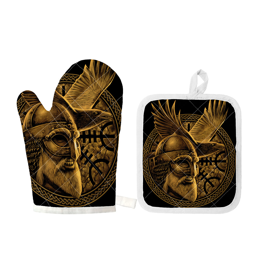 Gold Viking God Odin And Crow Print Oven Mitt And Pot Holder Set