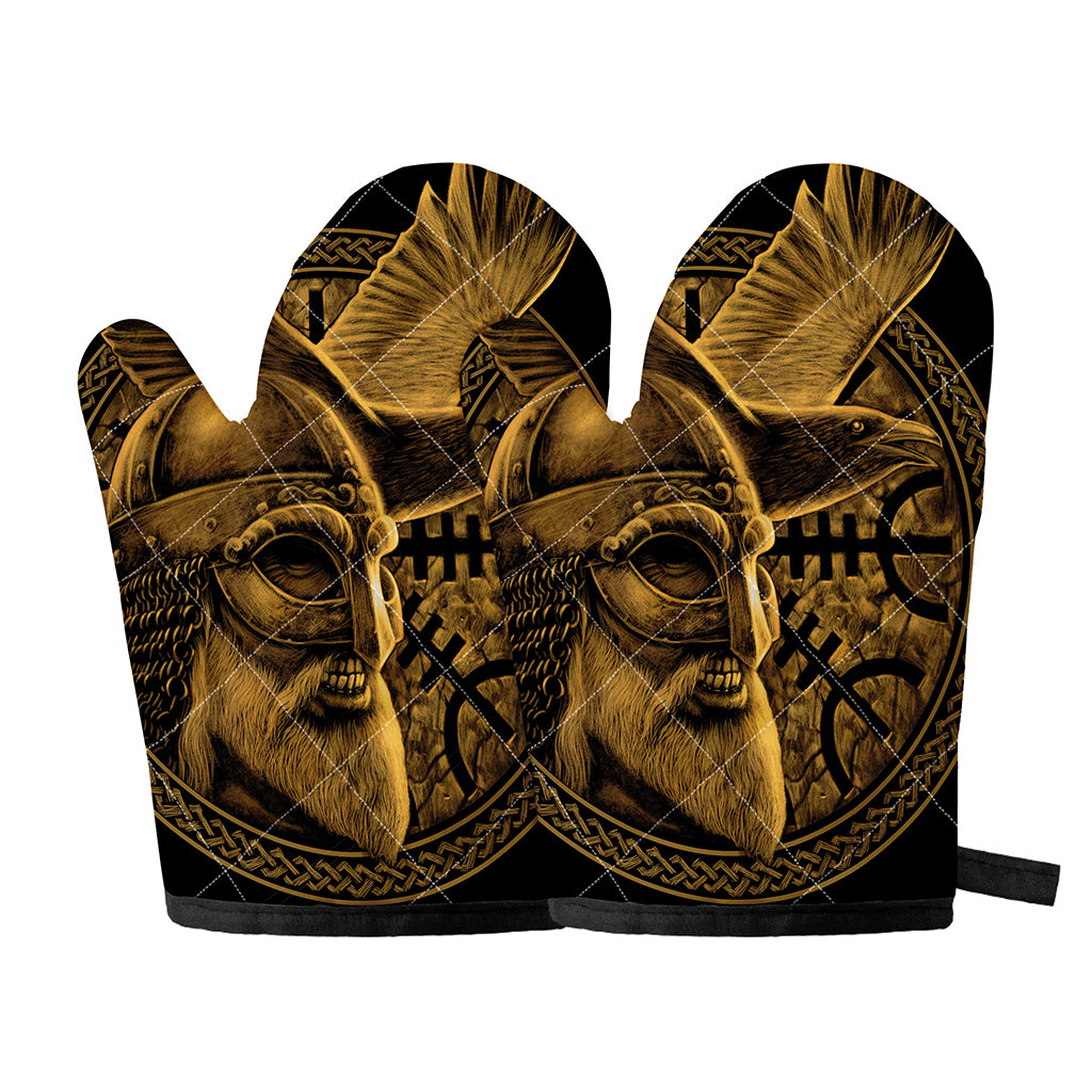 Gold Viking God Odin And Crow Print Oven Mitts