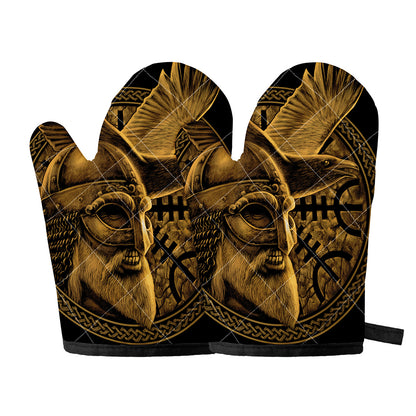 Gold Viking God Odin And Crow Print Oven Mitts