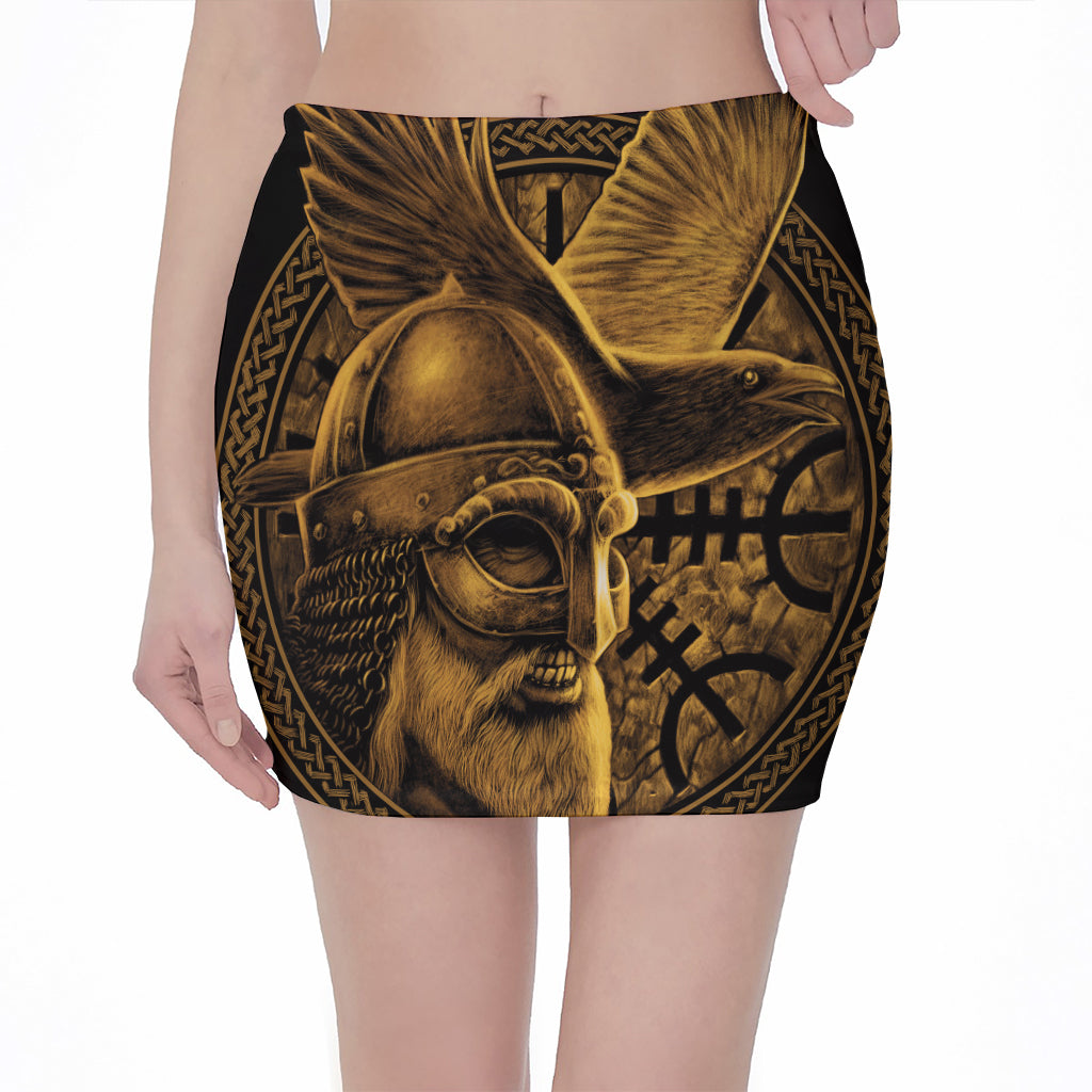 Gold Viking God Odin And Crow Print Pencil Mini Skirt
