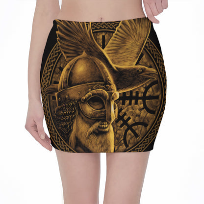 Gold Viking God Odin And Crow Print Pencil Mini Skirt