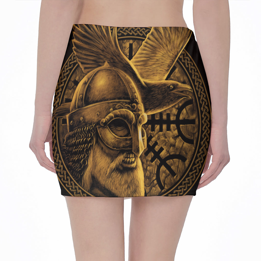 Gold Viking God Odin And Crow Print Pencil Mini Skirt