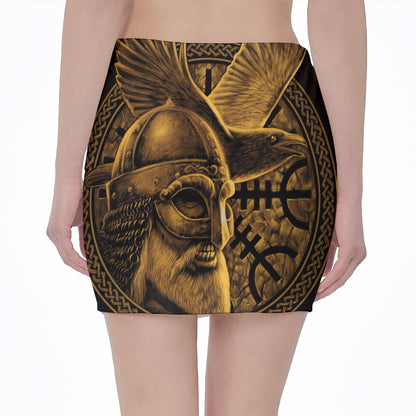 Gold Viking God Odin And Crow Print Pencil Mini Skirt