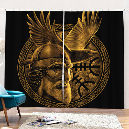 Gold Viking God Odin And Crow Print Pencil Pleat Curtains