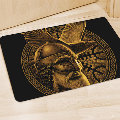 Gold Viking God Odin And Crow Print Polyester Doormat