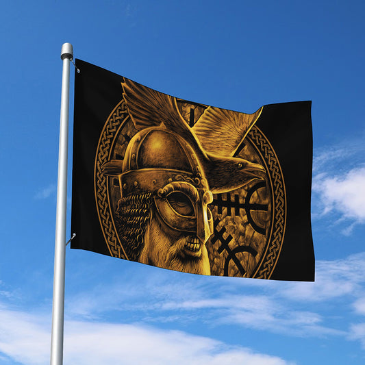 Gold Viking God Odin And Crow Print Polyester Flag