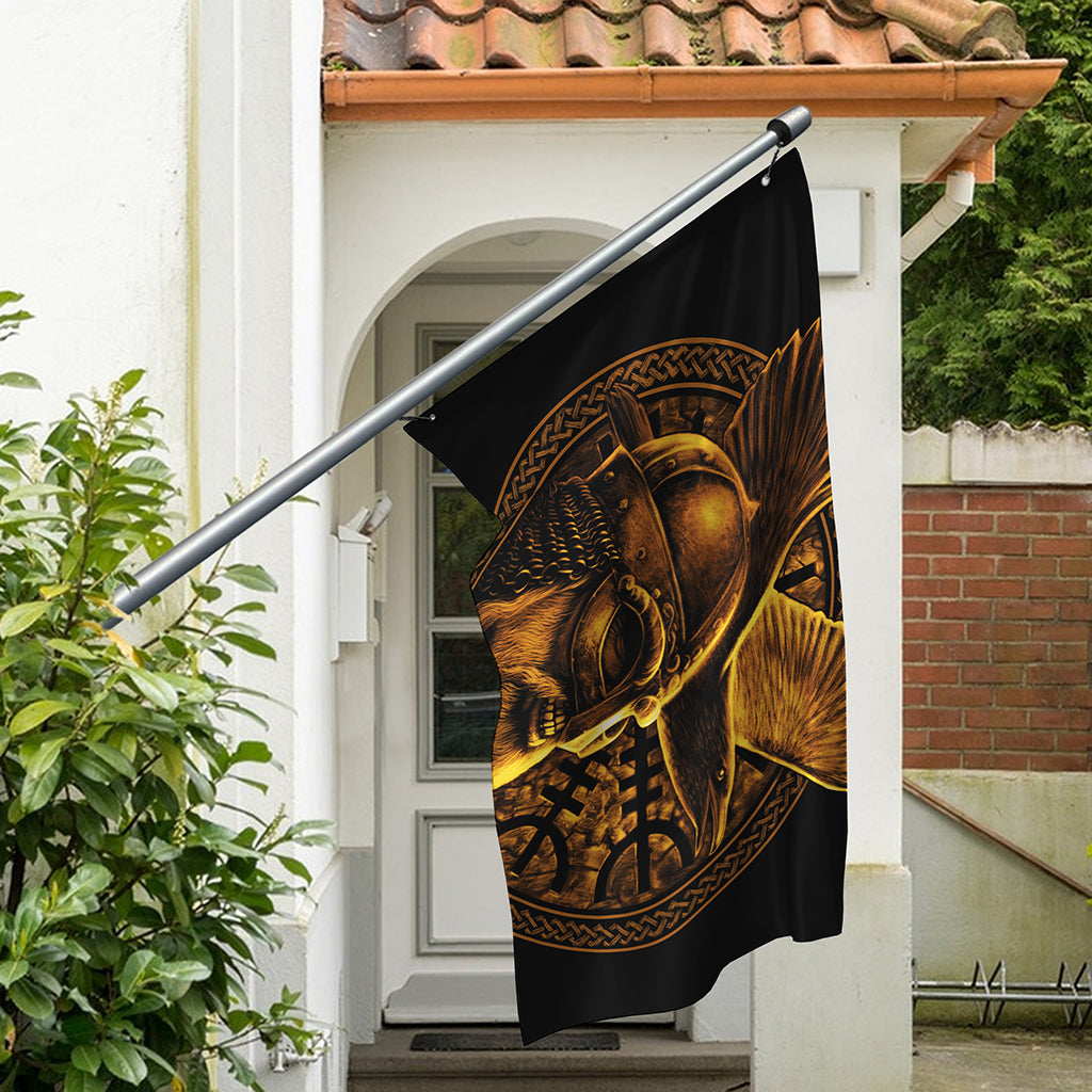 Gold Viking God Odin And Crow Print Polyester Flag