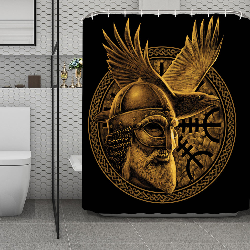 Gold Viking God Odin And Crow Print Polyester Shower Curtain