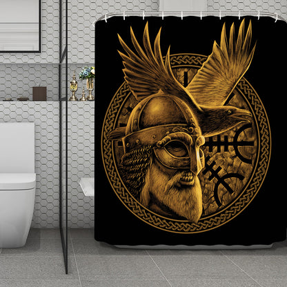 Gold Viking God Odin And Crow Print Polyester Shower Curtain