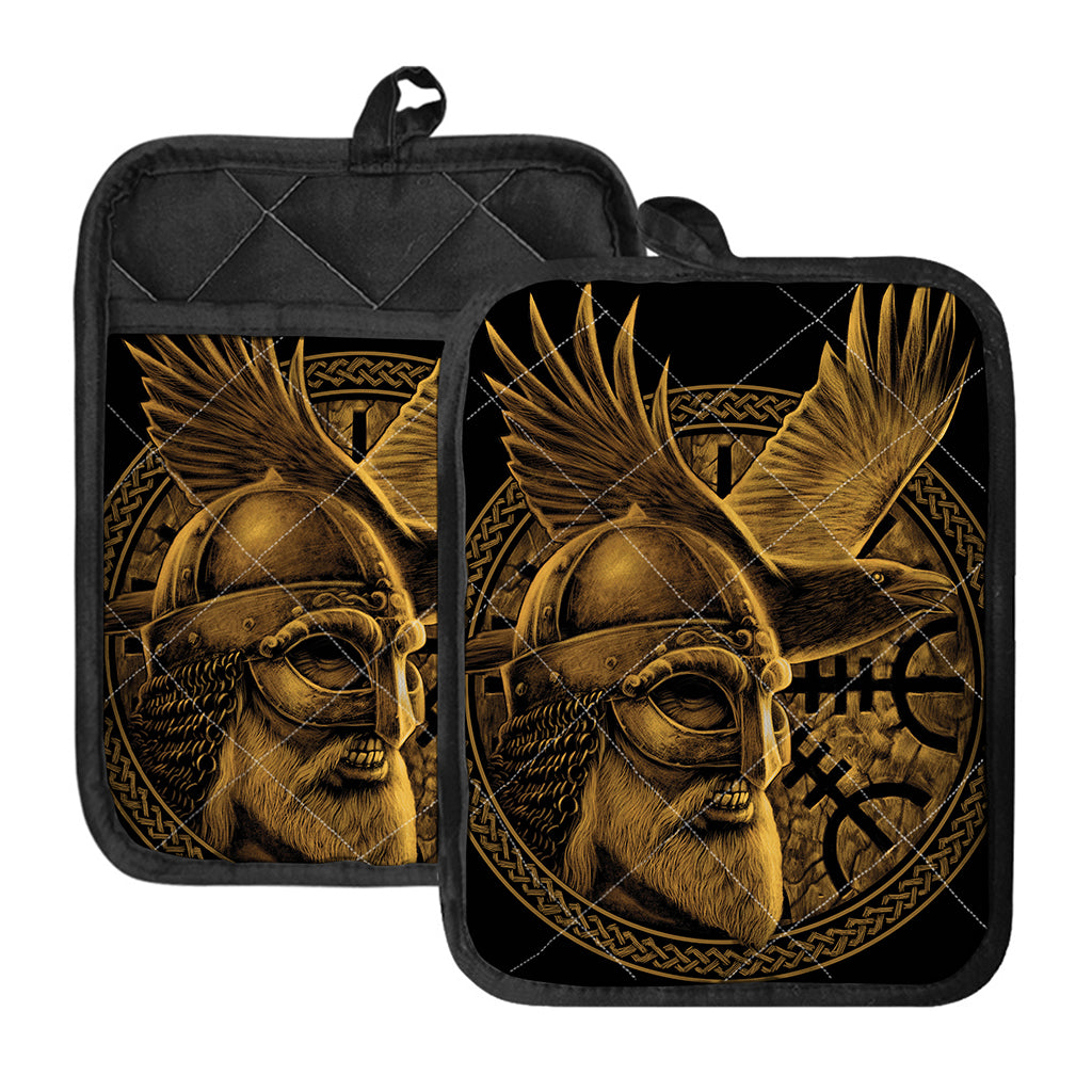 Gold Viking God Odin And Crow Print Pot Holders With Pocket
