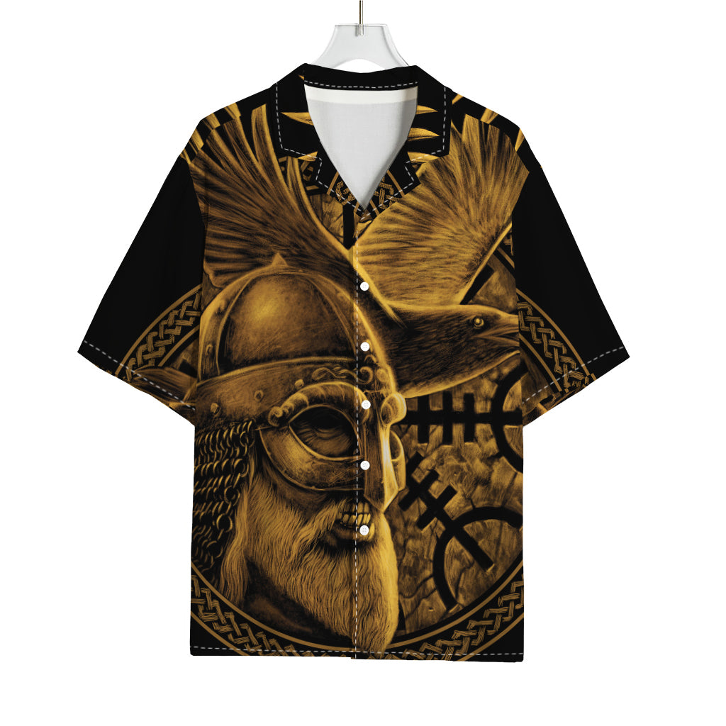 Gold Viking God Odin And Crow Print Rayon Hawaiian Shirt