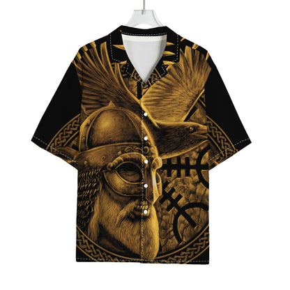 Gold Viking God Odin And Crow Print Rayon Hawaiian Shirt