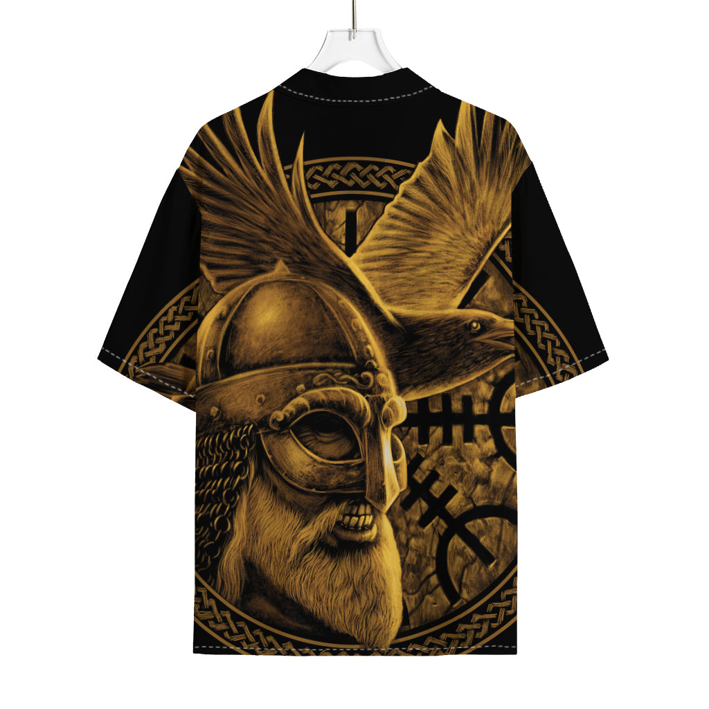 Gold Viking God Odin And Crow Print Rayon Hawaiian Shirt