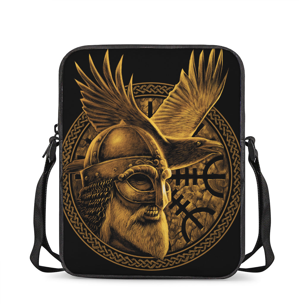 Gold Viking God Odin And Crow Print Rectangular Crossbody Bag