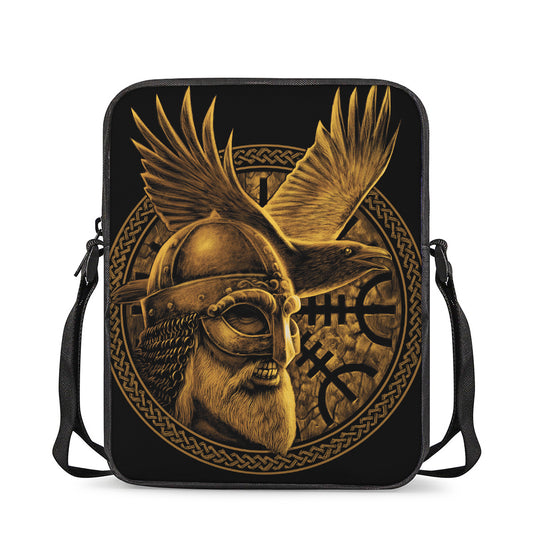 Gold Viking God Odin And Crow Print Rectangular Crossbody Bag