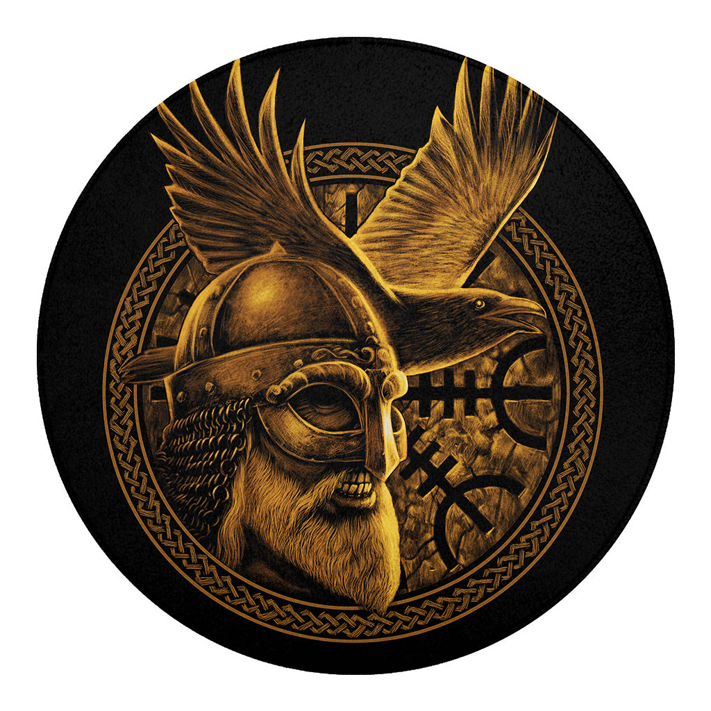 Gold Viking God Odin And Crow Print Round Blanket