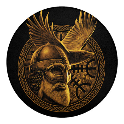 Gold Viking God Odin And Crow Print Round Blanket