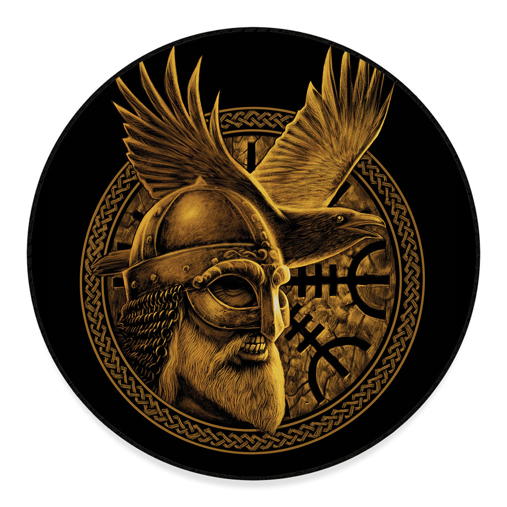 Gold Viking God Odin And Crow Print Round Floor Mat