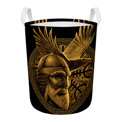 Gold Viking God Odin And Crow Print Round Laundry Basket