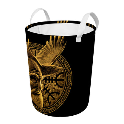 Gold Viking God Odin And Crow Print Round Laundry Basket
