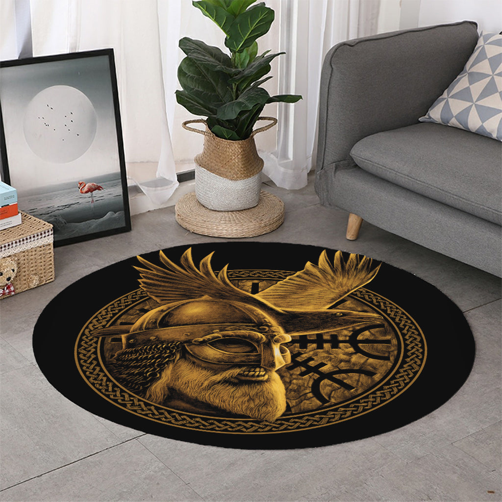 Gold Viking God Odin And Crow Print Round Rug