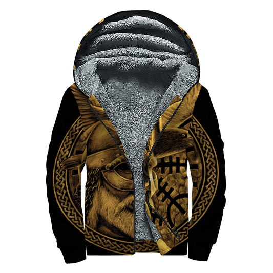 Gold Viking God Odin And Crow Print Sherpa Lined Zip Up Hoodie