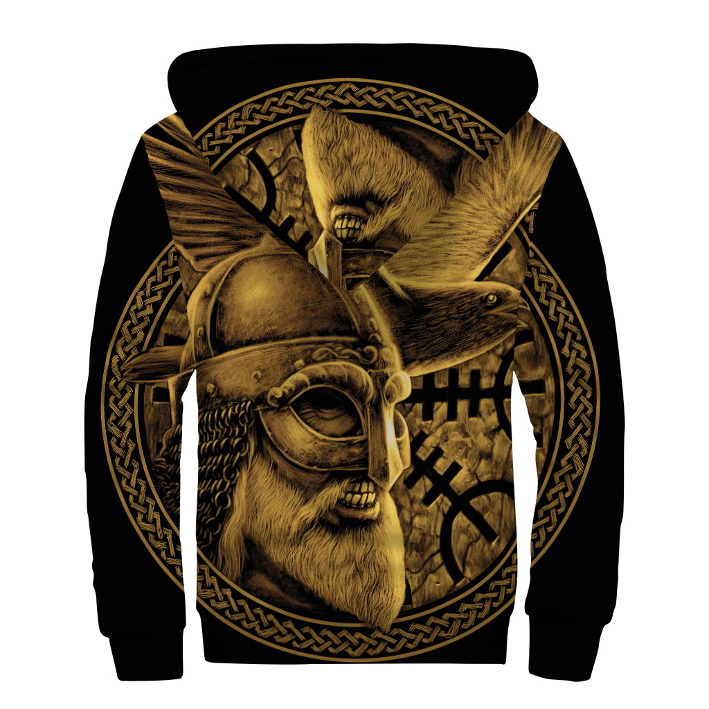 Gold Viking God Odin And Crow Print Sherpa Lined Zip Up Hoodie