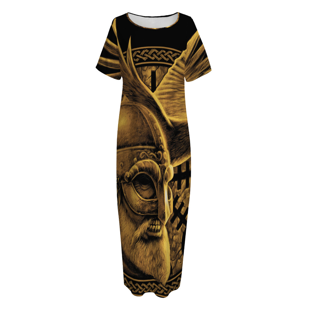 Gold Viking God Odin And Crow Print Short Sleeve Long Nightdress