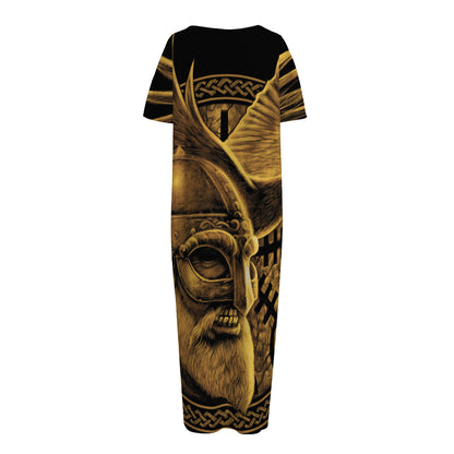 Gold Viking God Odin And Crow Print Short Sleeve Long Nightdress